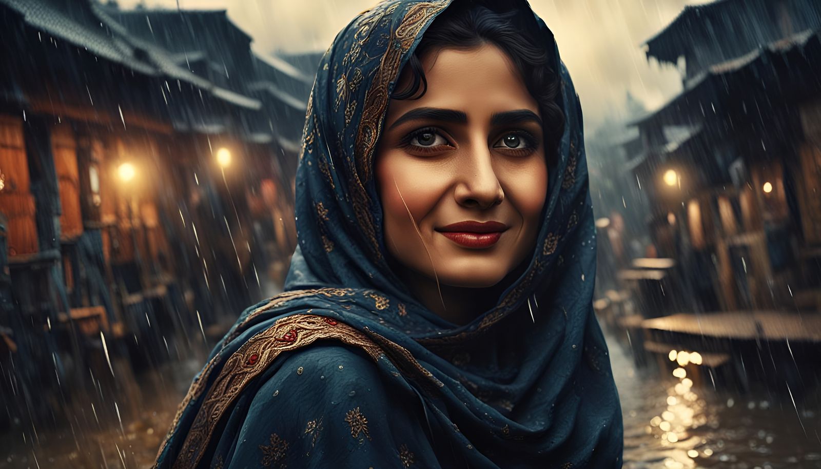 Happy Pashto Woman in Rainy Village: Hyperrealistic Art