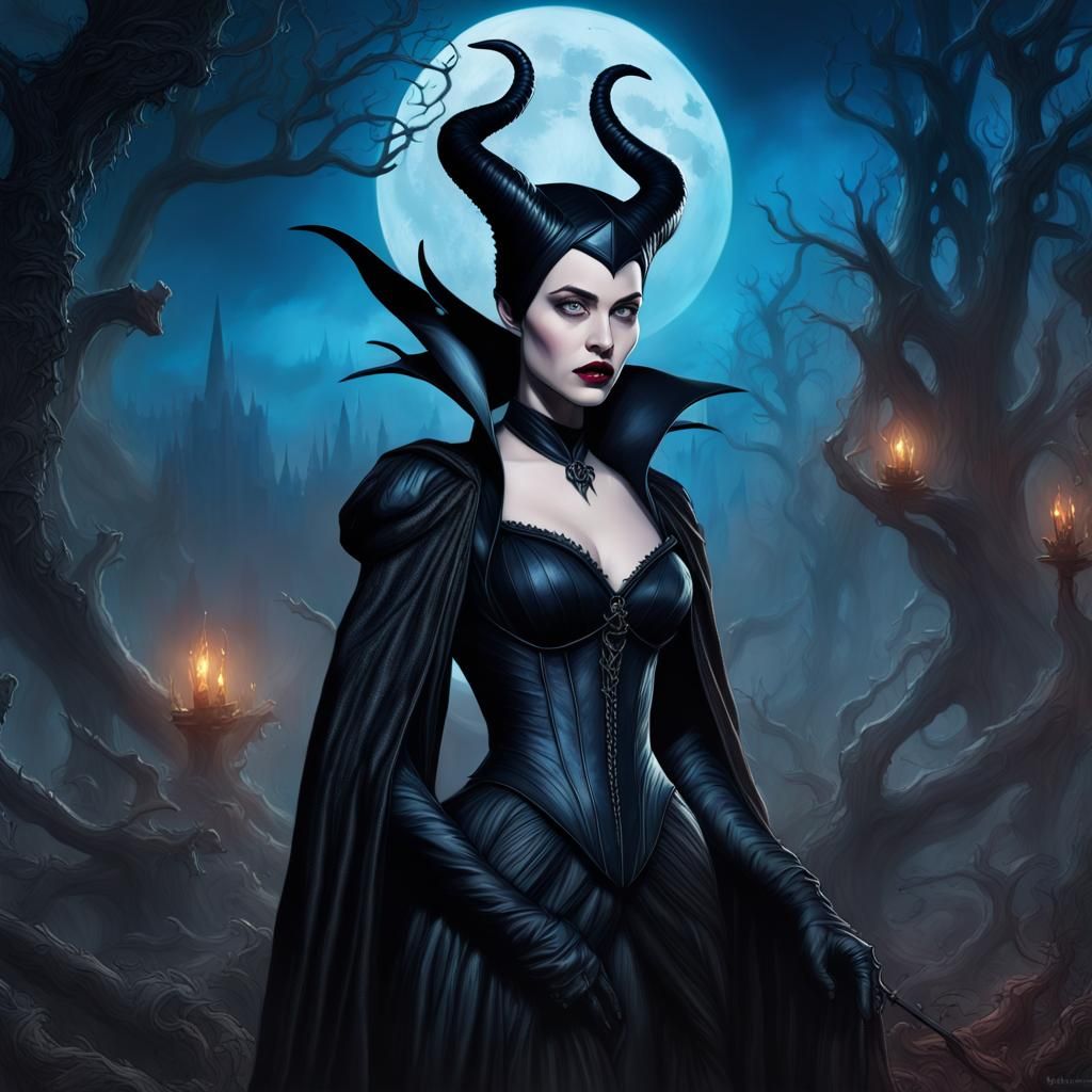 Maleficent in Dark Fairy Tale Forest, Hyperrealistic Art
