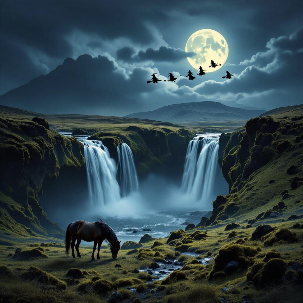 Icelandic Waterfall Halloween Scene with Witches
