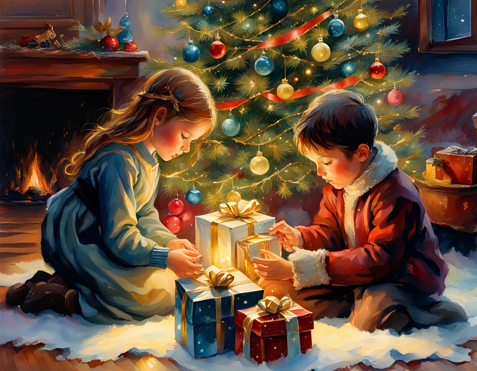 Children Opening Christmas Gifts in Watercolor Style