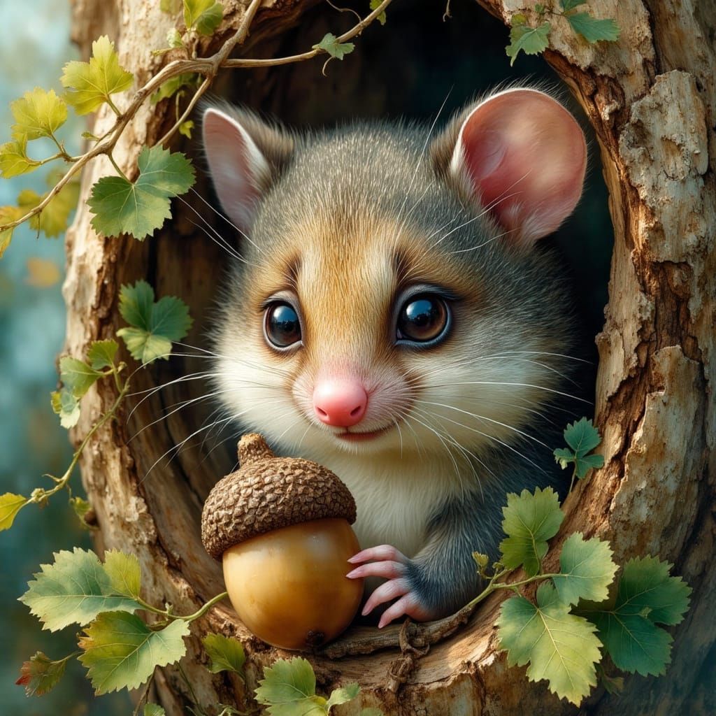 Whimsical Fluffy Creature Nibbling Acorn, Oil Painting