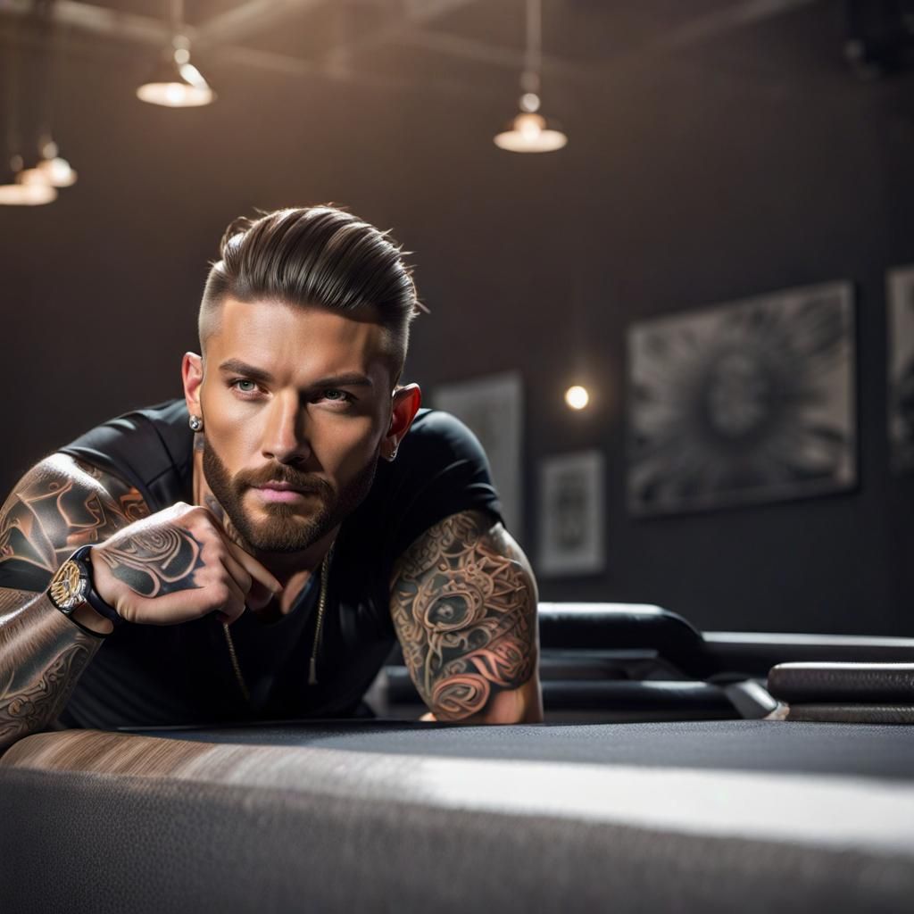 Detailed Tattoo Portrait: Handsome Man in Dramatic Lighting