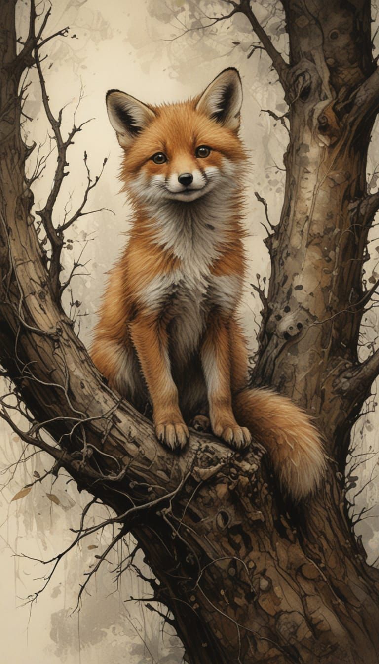 Dreamy Baby Fox in Springtime Arboreal Scene
