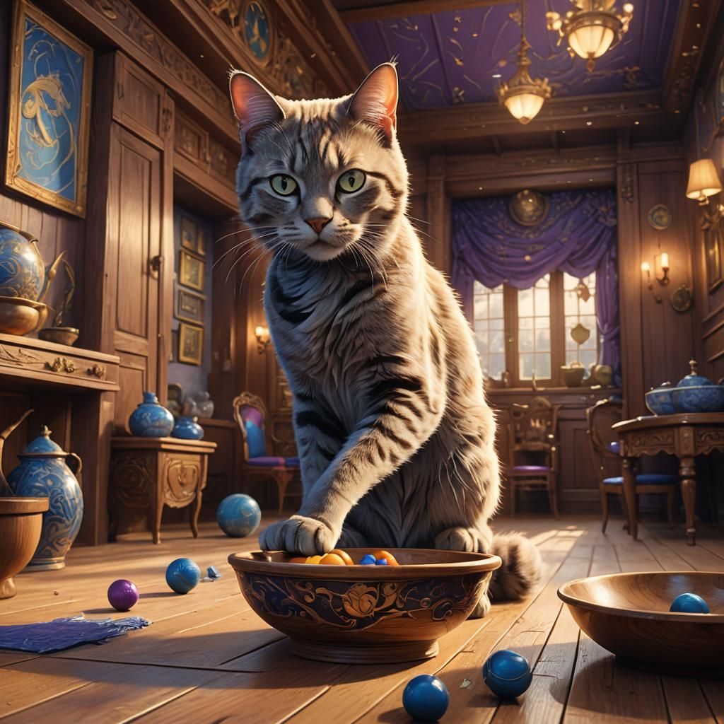 Cat Bowls Cricket Ball in Ornate Wooden Room