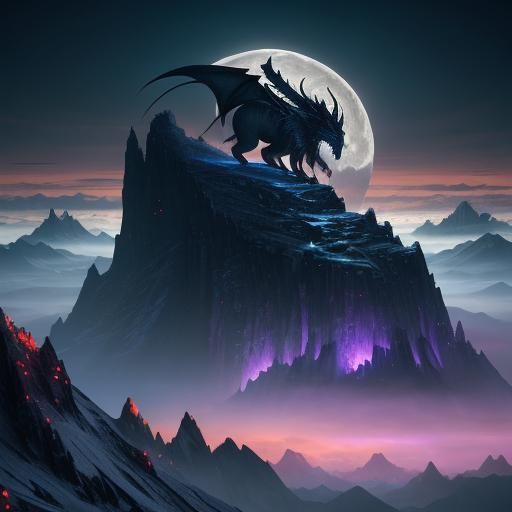 Silver Dragon Silhouette on Moonlit Mountain