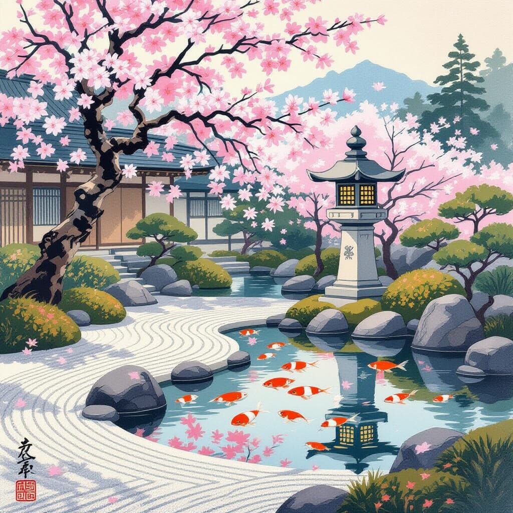 Serene Japanese Garden with Koi Pond in Ukiyo-e Style