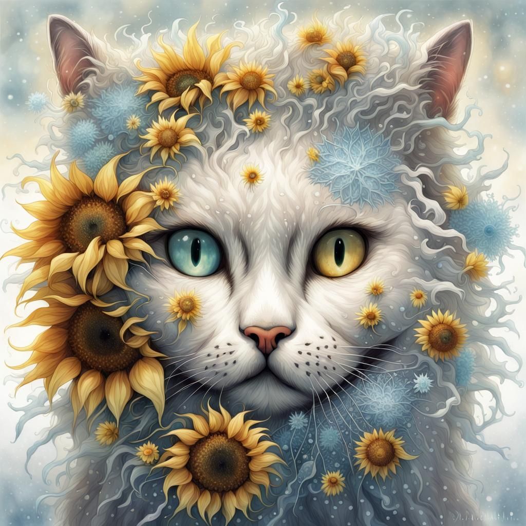 Icy Fractal Sunflower Landscape in Watercolor Style