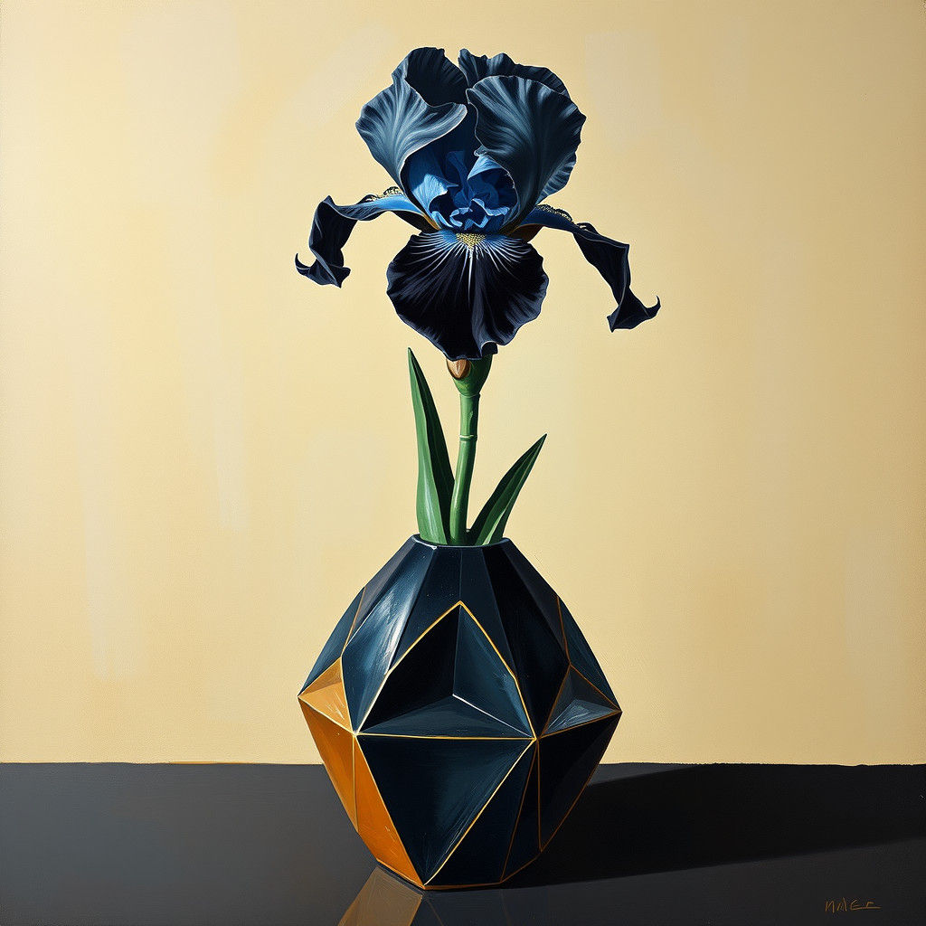 Black and Blue Iris Still Life in Maximalist Style