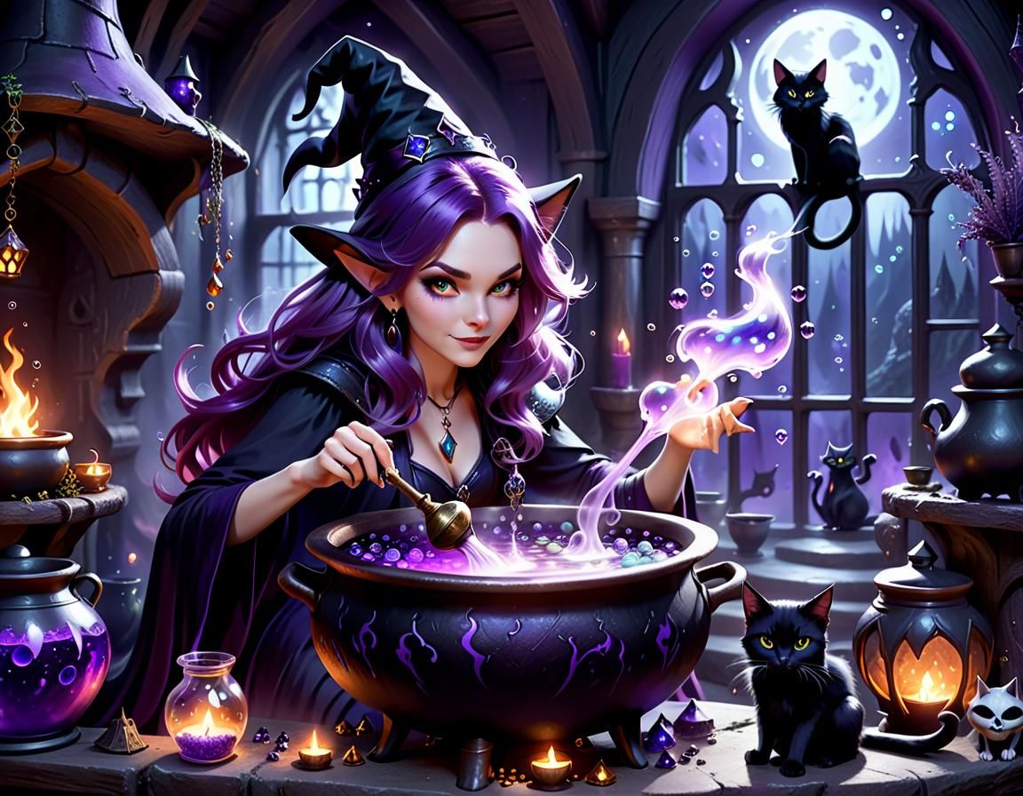 Sorceress Stirring Cauldron in Witch's Lair as 3D Art