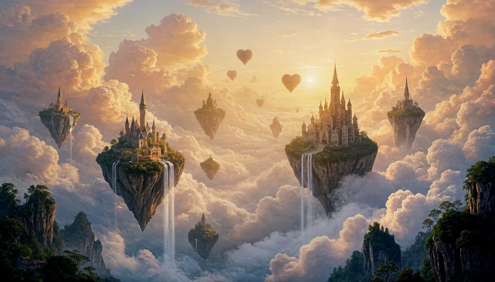 Floating Heart Islands in Ethereal Sky Landscape