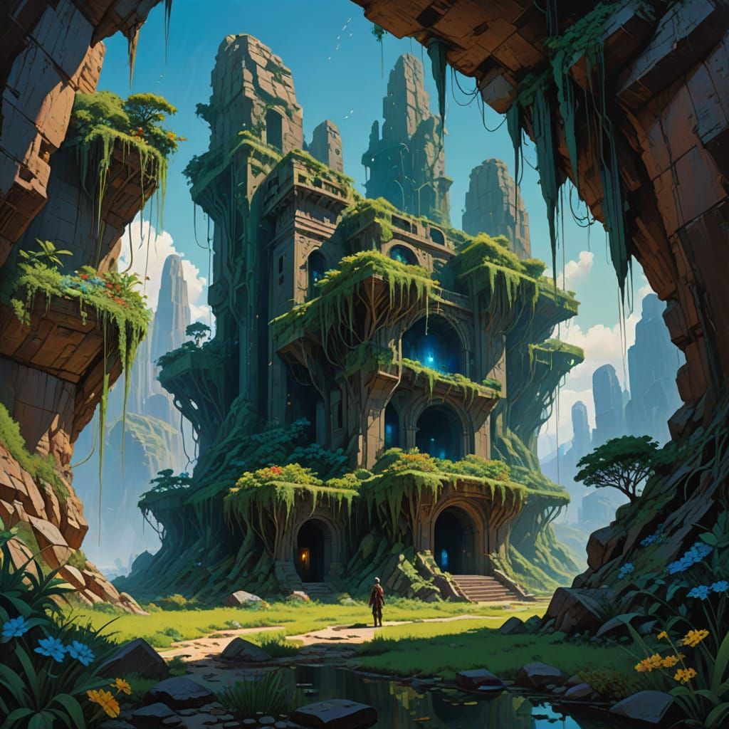 Surreal Civilization Eaten by Geometric Plants in Dark Fanta...