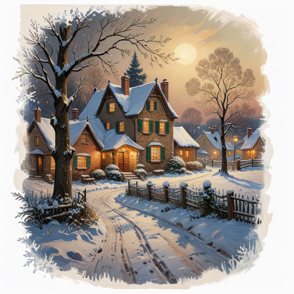 Winter Village Scene in Gouache Impressionism Style