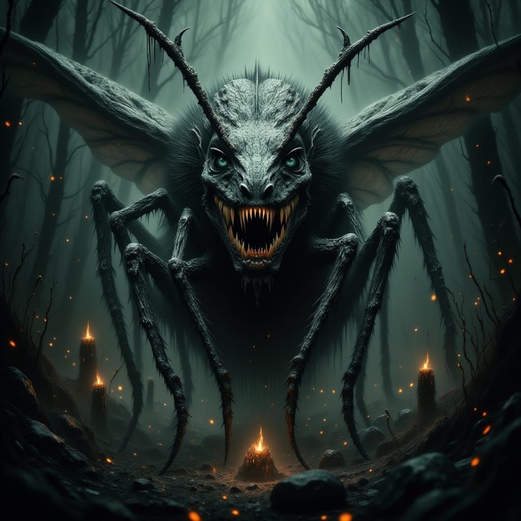 Demonic Insect Predator Emerges from Dark Woods