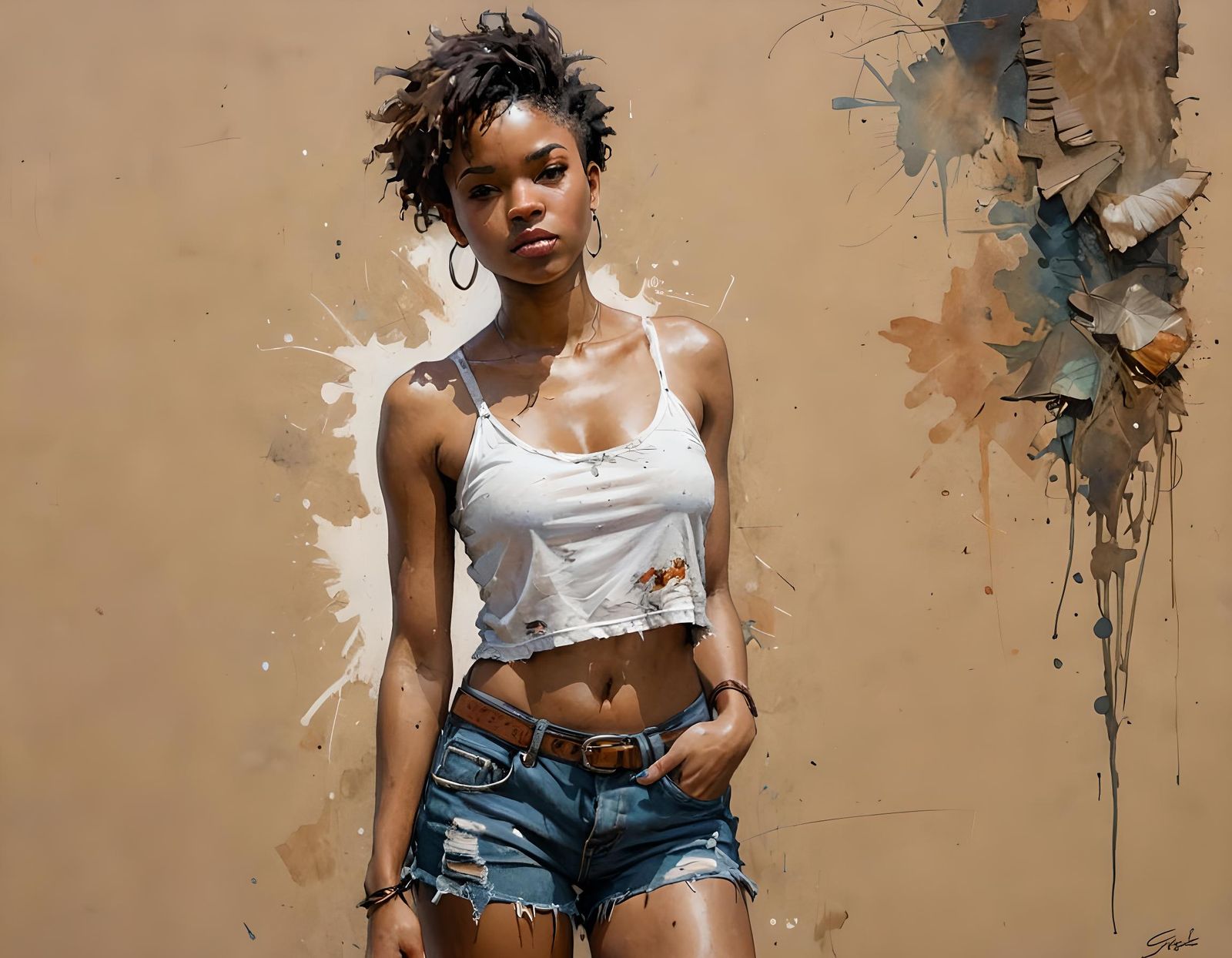 Blushing Black Woman in Shorts: Detailed Digital Portrait