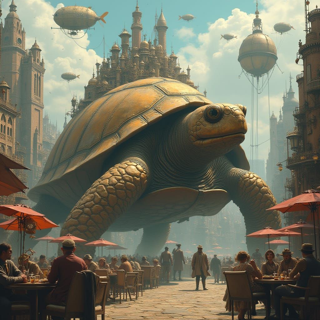 Steampunk City on Giant Turtle Back with Airships