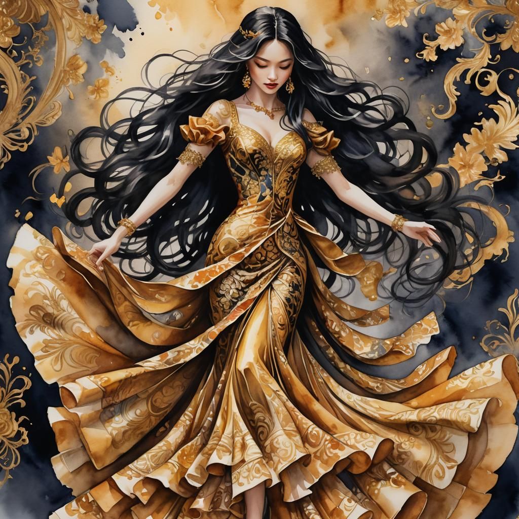 Woman in Gold Flamenco Dress: Anime 3D Art