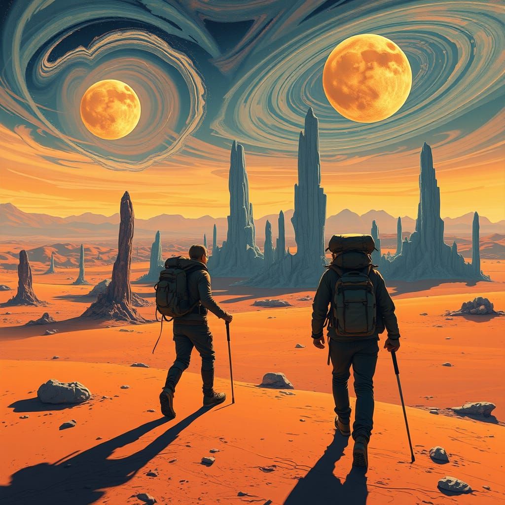Two Travelers Venture Through a Futuristic Alien Wastescape