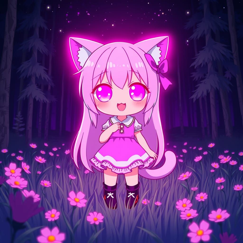 Chibi Catgirl Shines Bright in Neon Forest