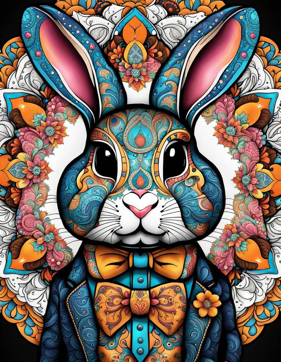 Rabbit in Waistcoat Mandala in Candy Art Style