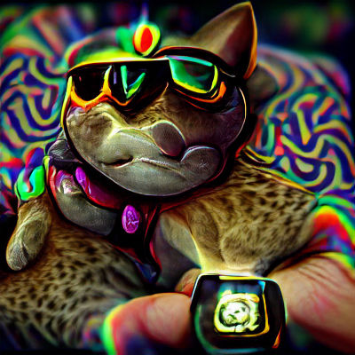 Psychedelic Cat with Gold Chain and Smartwatch