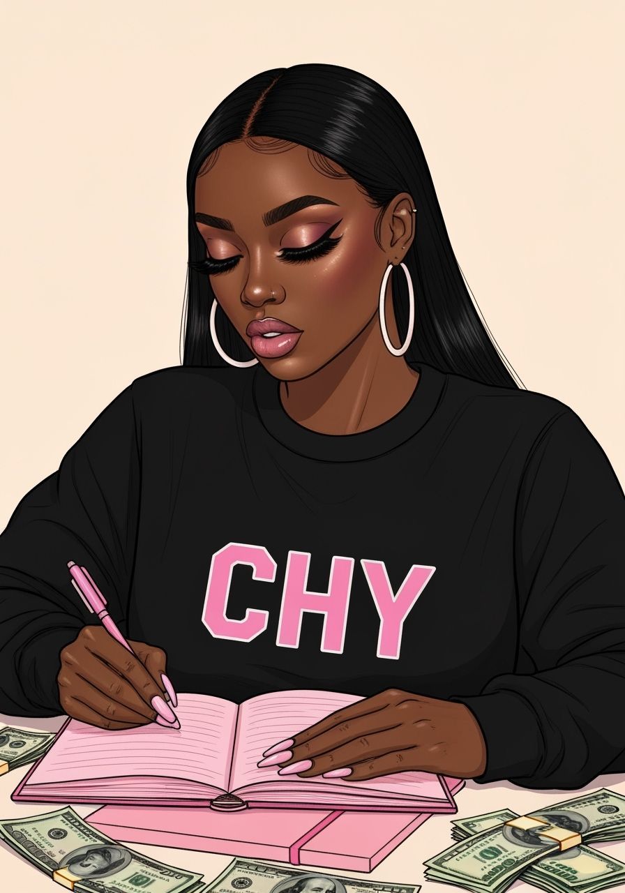 African American Woman Writing in Pink Notebook, Glamorous M...