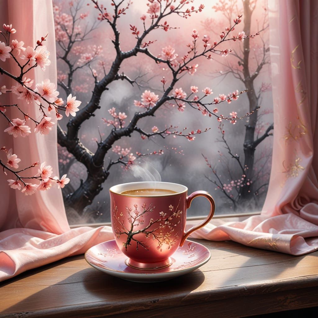 Sakura Coffee Mug in Watercolor Chinese Painting Style