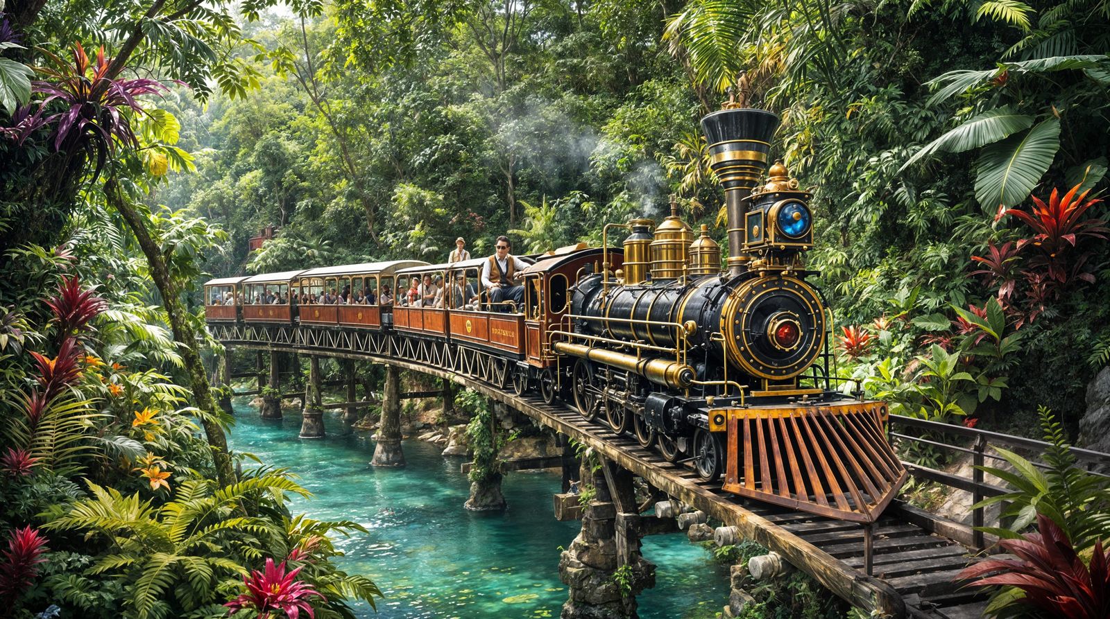 Vintage Steam Train Chugs Through Jungle Terrain
