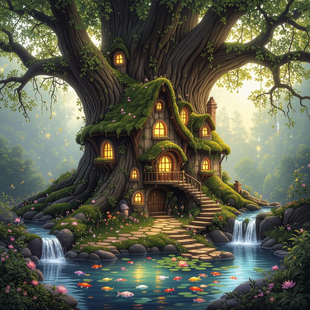 Enchanted Fairy Village in Ancient Tree, Digital Art