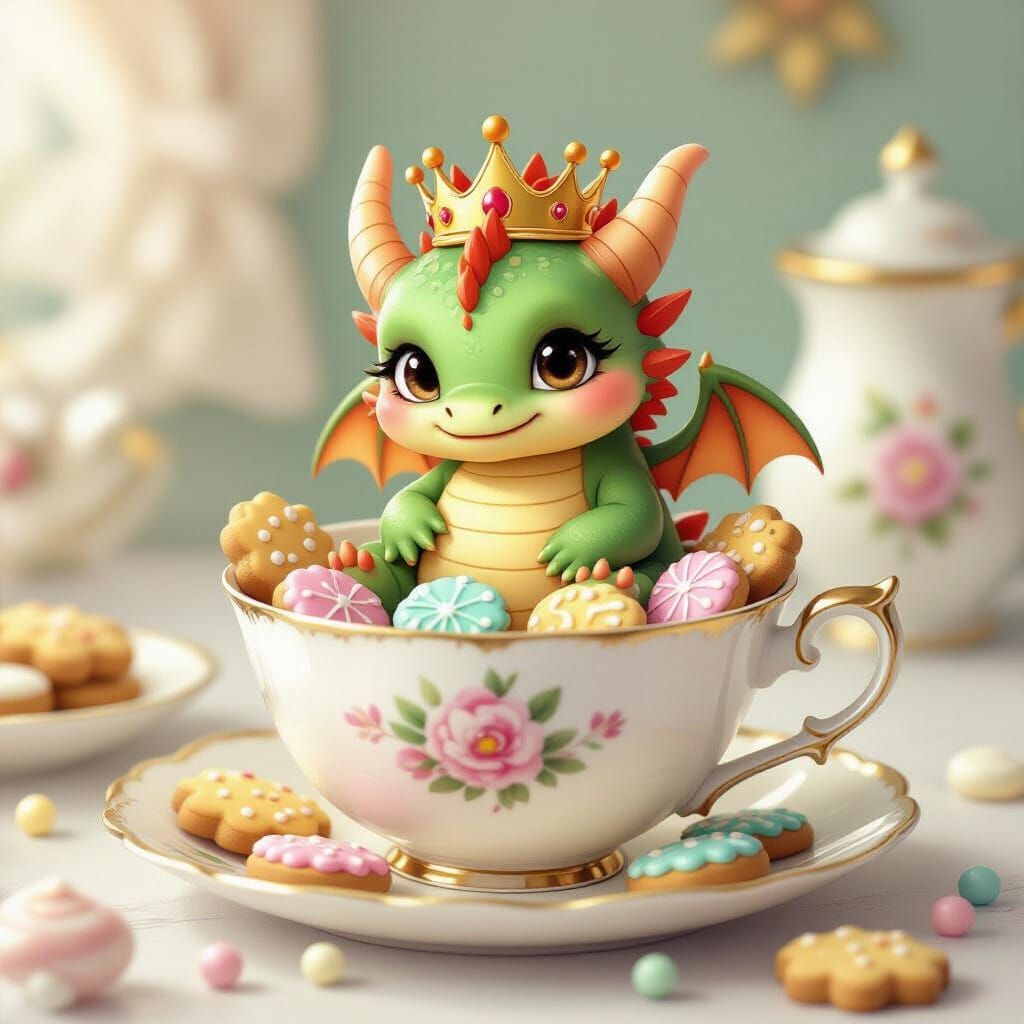 Baby Dragon in Teacup with Candy Land Treats