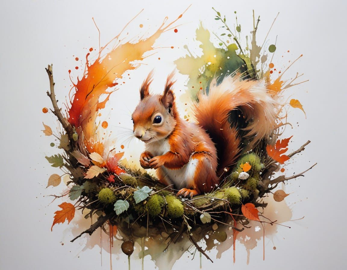 Red Squirrel Napping in Mossy Nest - Oil Paint Style