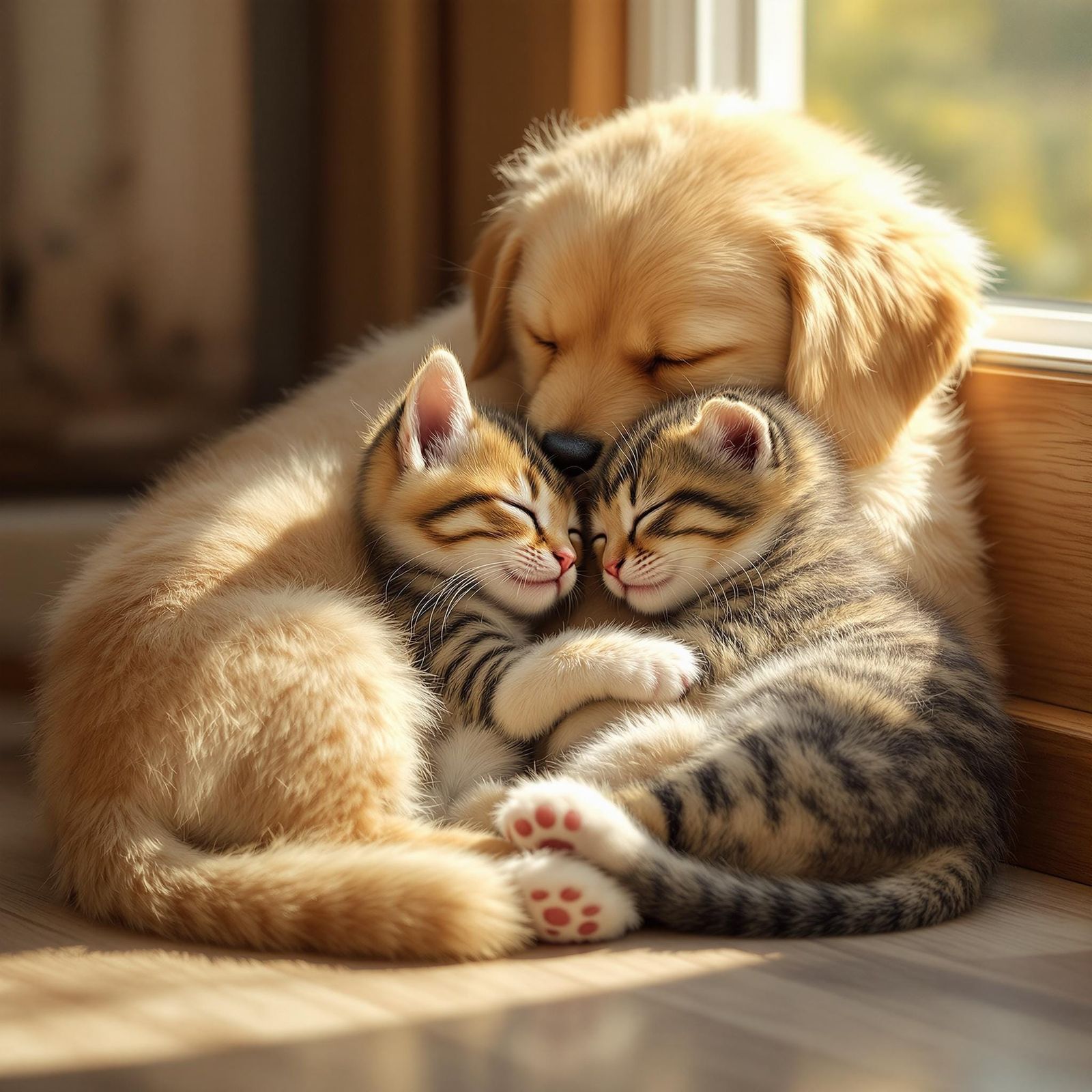 Photorealistic full shot of two animal cuddling. A fluffy go...