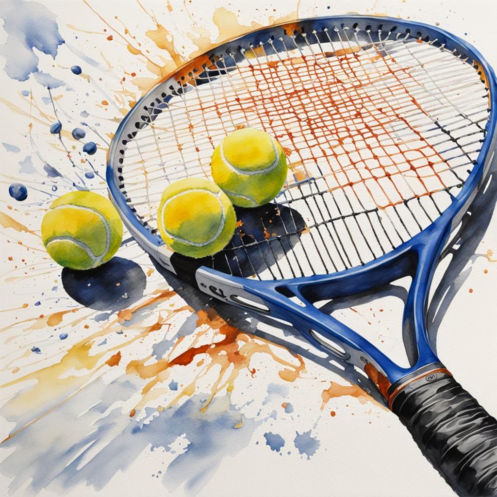 Tennis Racket Strikes Ball in Watercolor Painting