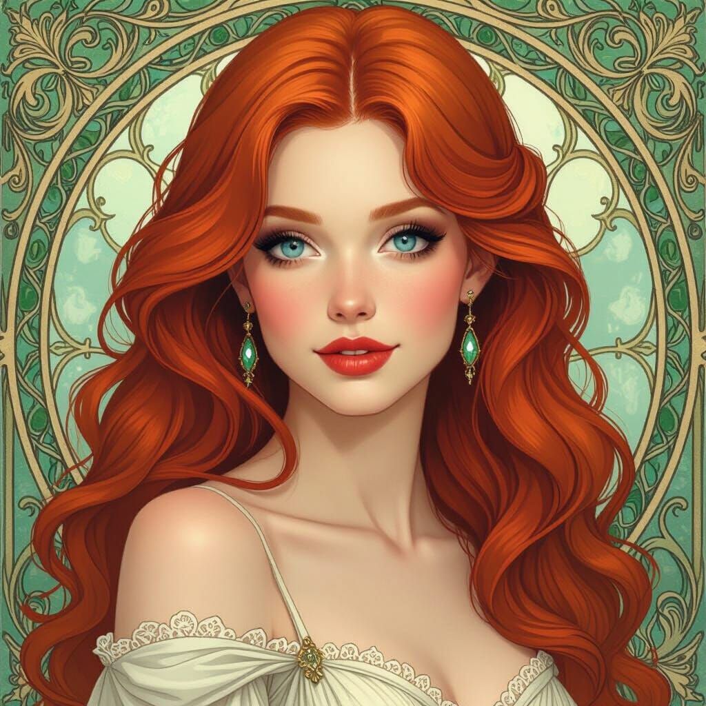 Redhead Woman with Heterochromia in Art Nouveau Style