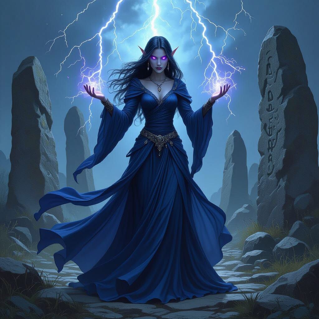 Dark Elf Sorceress Channels Storm Power