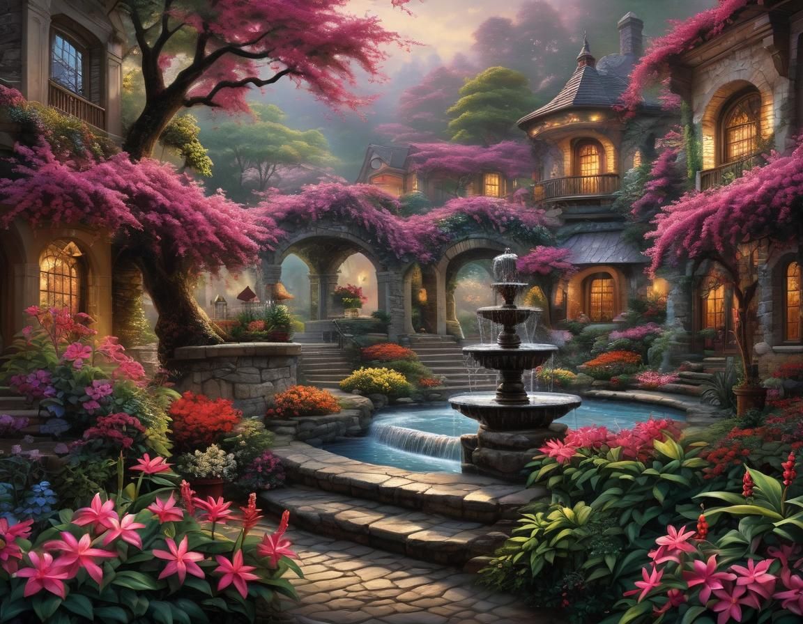 Fuchsia Frangipani Fountain in Luminist Style