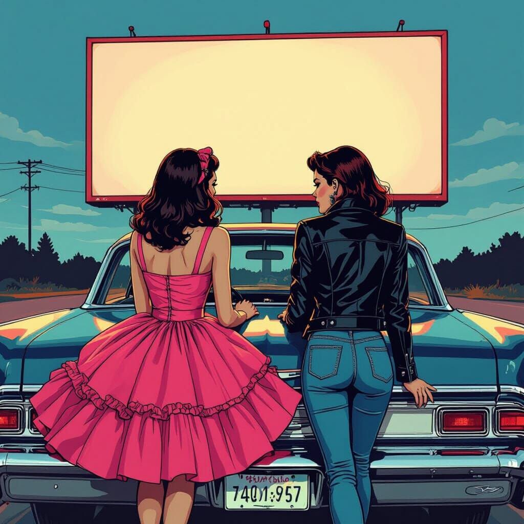 Two Women at Drive-In Theater in Vintage Car