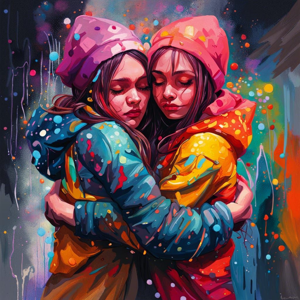 Warm Embrace: Polychromatic Splash Art of Two Girls