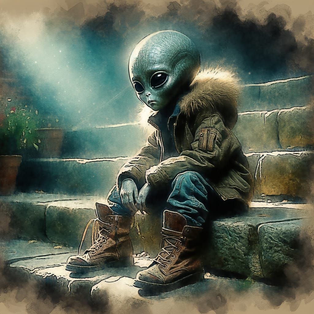 Melancholic Alien Child in Watercolour Style