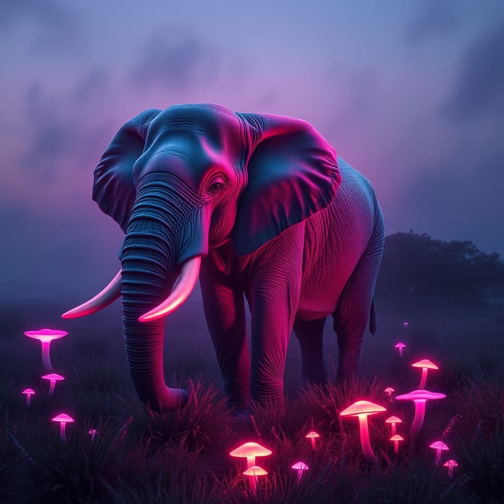 Neon Elephant in Misty Savannah, Futuristic Art