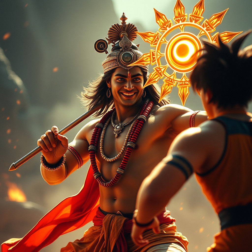 Lord Krishna's Triumphant Battle: A Cinematic Film Still