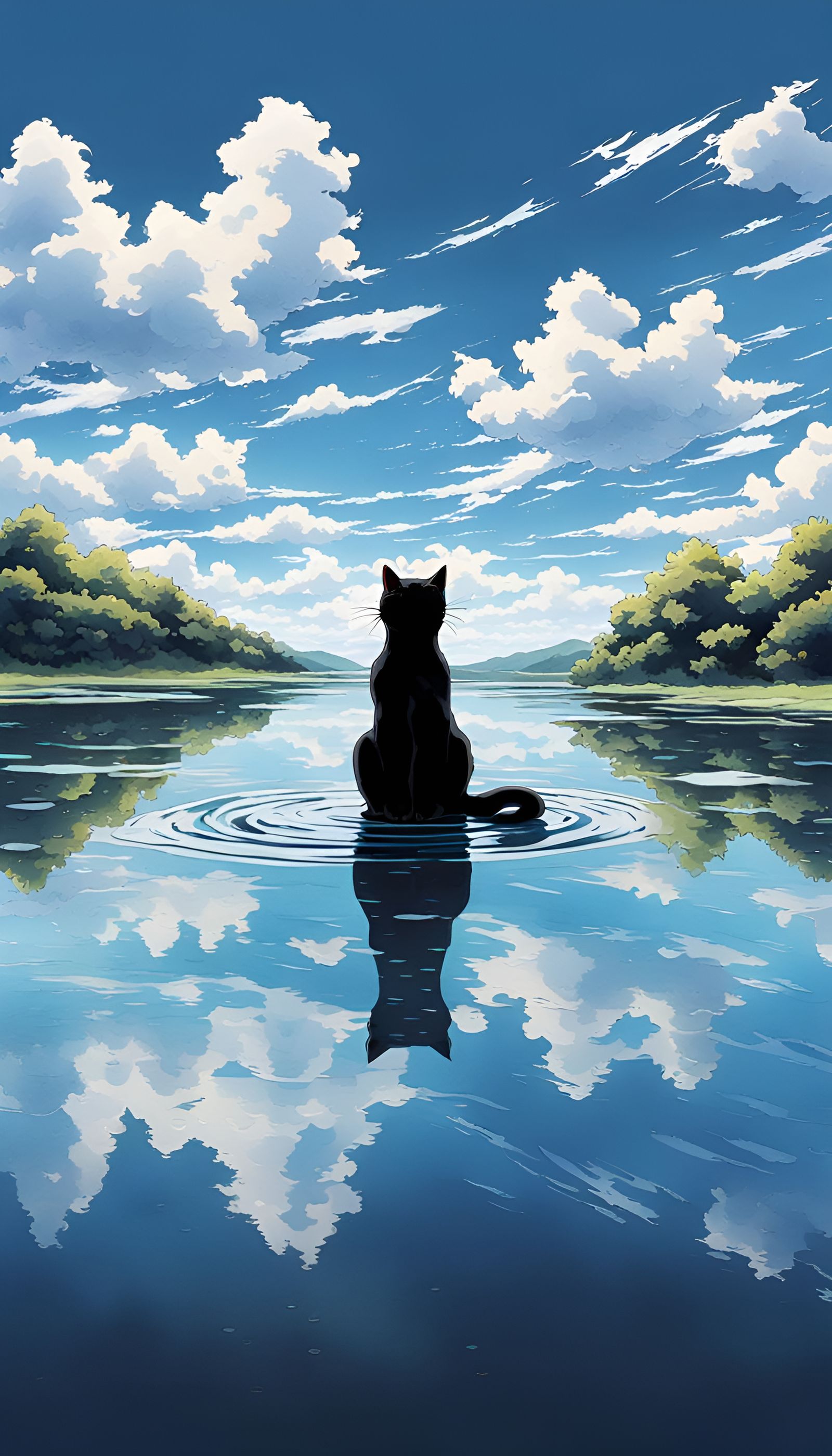 Black Cat Reflection in Anime Art Style