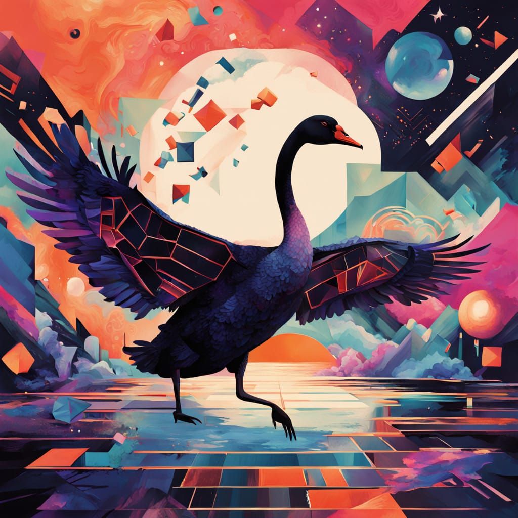 Neo-Cubist Black Swan in Flight Over Starry Space