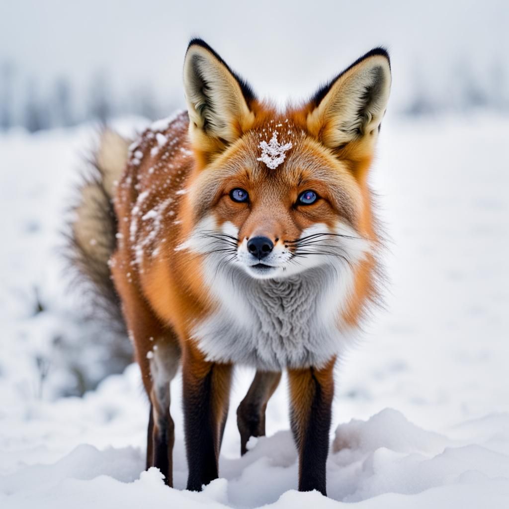 Fox in Snow Wearing Crown
