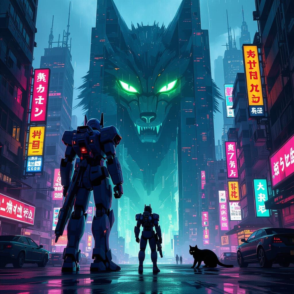 Gundam Wolf in Neon Cityscape