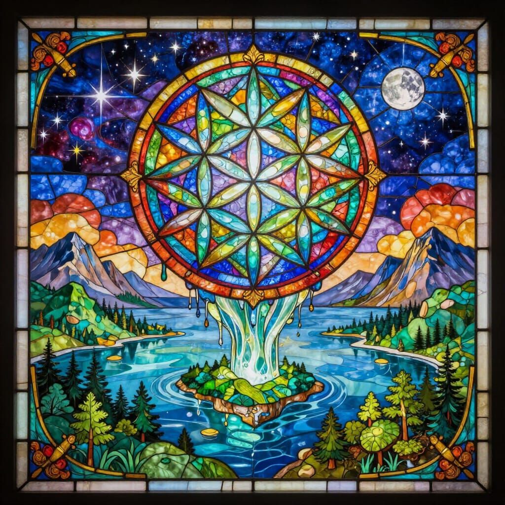Stained Glass Flower of Life Over Vibrant Ocean Landscape