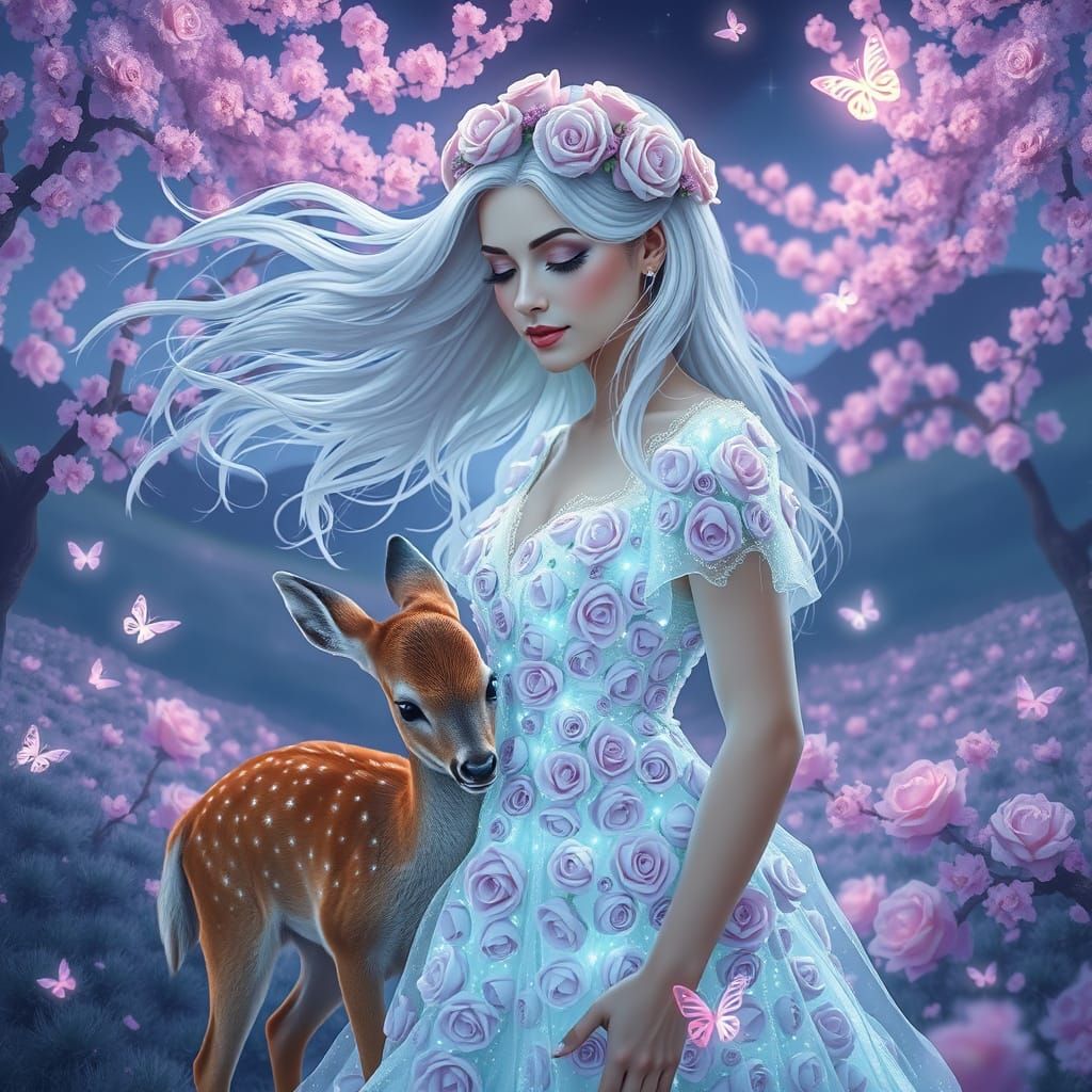 Bioluminescent Woman with Deer in Dreamy Valley