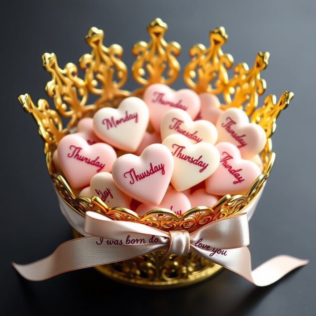 Pastel Heart Candies in a Golden Crown Basket