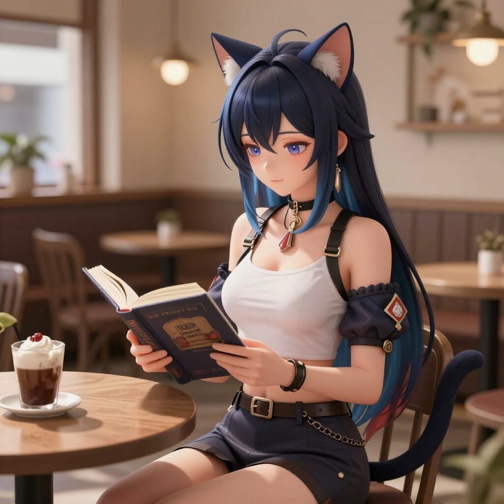 Anime Cat Girl Reading Book in Cozy Cafe
