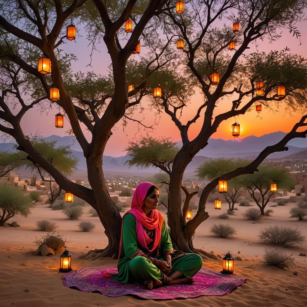Girl Reading at Sunset in Middle Eastern Village
