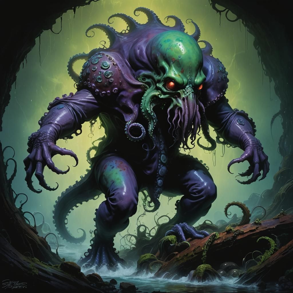 Skull-Faced Octopus God in Rusted Chamber, Ink and Airbrush